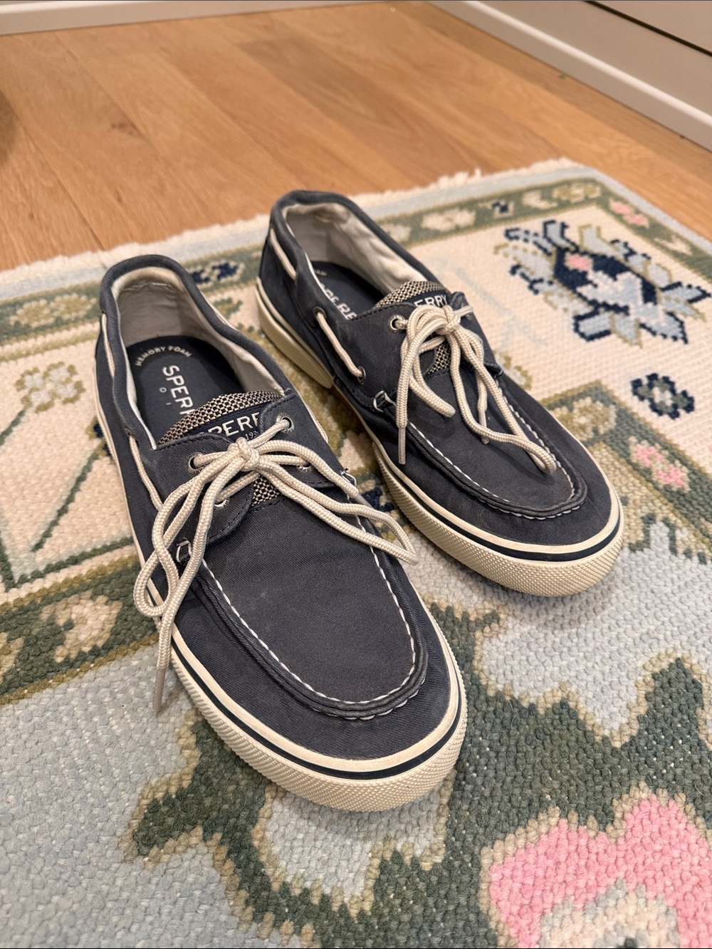 Sperry Men’s Navy Canvas Boat Shoes with Cream Laces